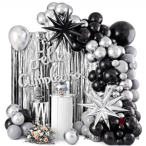 SET DE GLOBOS ARCO XL FELIZ CUMPLEA�OS NEGRO Y PLATA SS 98 UNIDADES